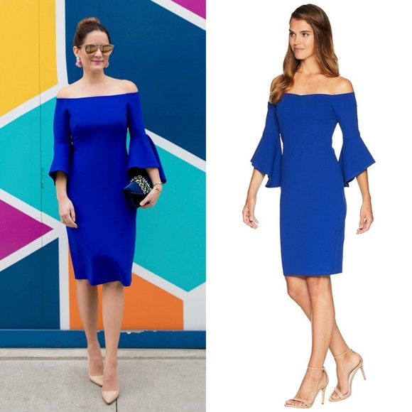 LAUNDRY SHELLI SEGAL Cobalt Crepe Off Shoulder Flare Bell Sleeve Sheath Dress 8 - Picture 6 of 8